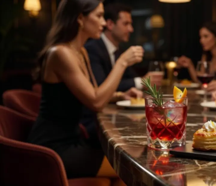 Cocktail de bienvenue et bouchées gourmandes servis dans une ambiance lounge de restaurant