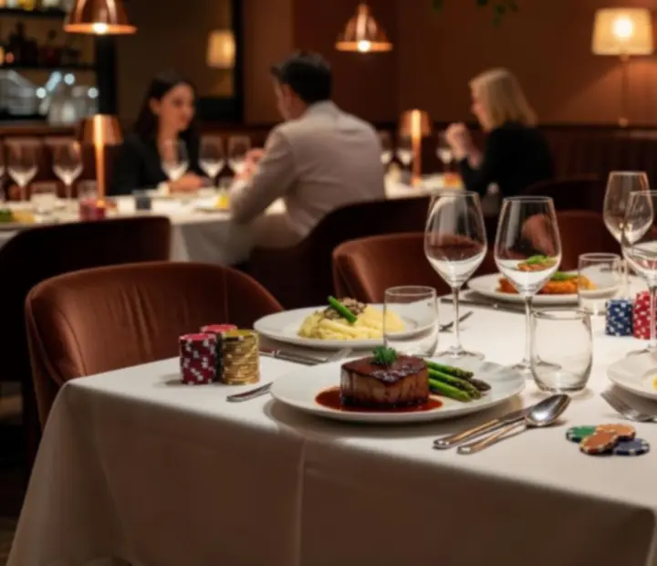 Table de restaurant dressée pour une soirée poker gastronomique avec jetons, cartes et lumières chaleureuses
