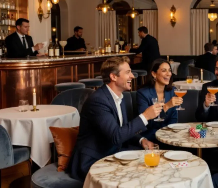 Ambiance lumineuse de salle à manger, convives souriants et cocktails sur une table de poker