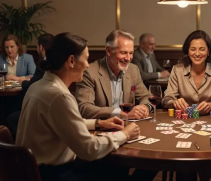 Table de restaurant élégante avec cartes de poker, jetons et verres à cocktail dans une lumière chaleureuse.