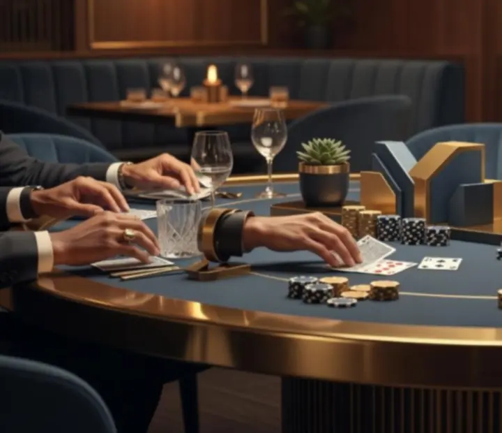 Ambiance chic de soirée poker au restaurant, avec lumière tamisée et invités souriants autour des tables