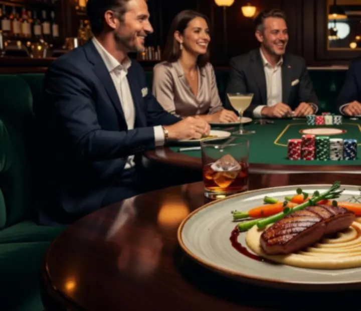 Plats gastronomiques, cocktails et table de poker avec jetons colorés