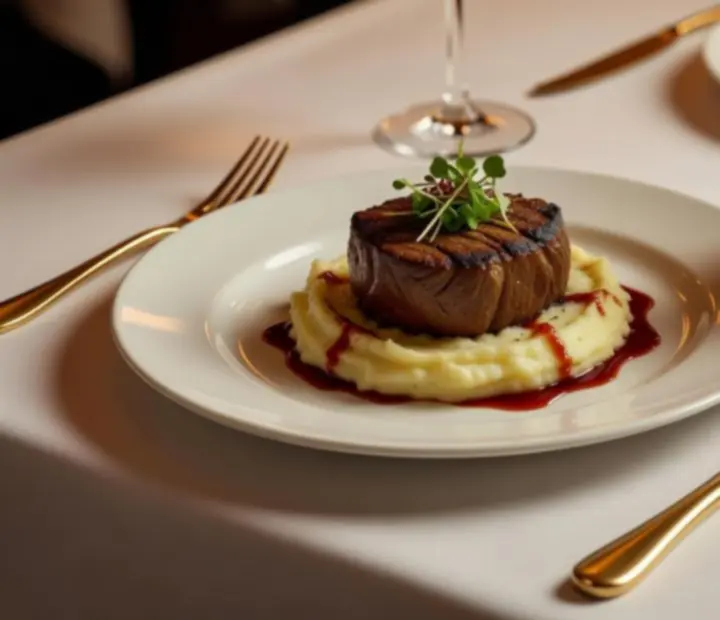 Plats gastronomiques dressés sur une table avec jetons de poker et cartes