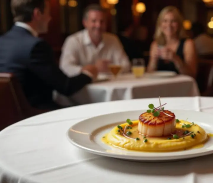 Montage de photos montrant des plats gastronomiques, une table de poker élégante et une ambiance de restaurant chaleureuse