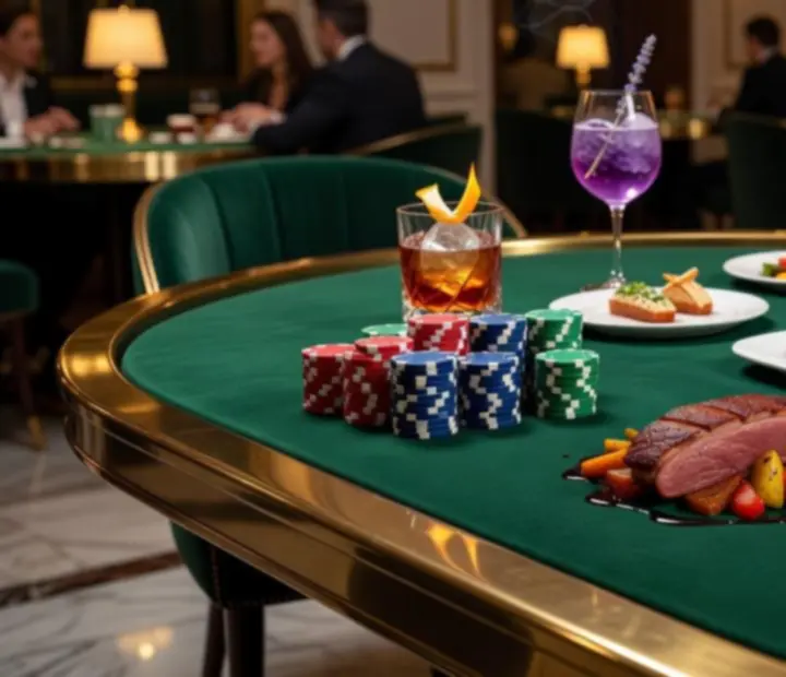 Vue d'ensemble d'une salle de restaurant avec table de poker, plats gastronomiques et ambiance lumineuse chaleureuse