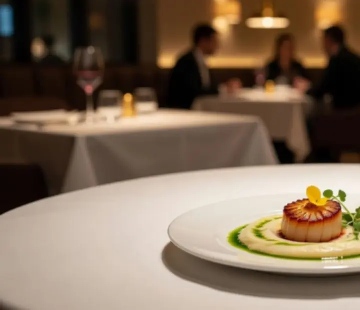 Table de restaurant dressée avec un dîner gastronomique, assiettes raffinées et ambiance lumineuse chaleureuse