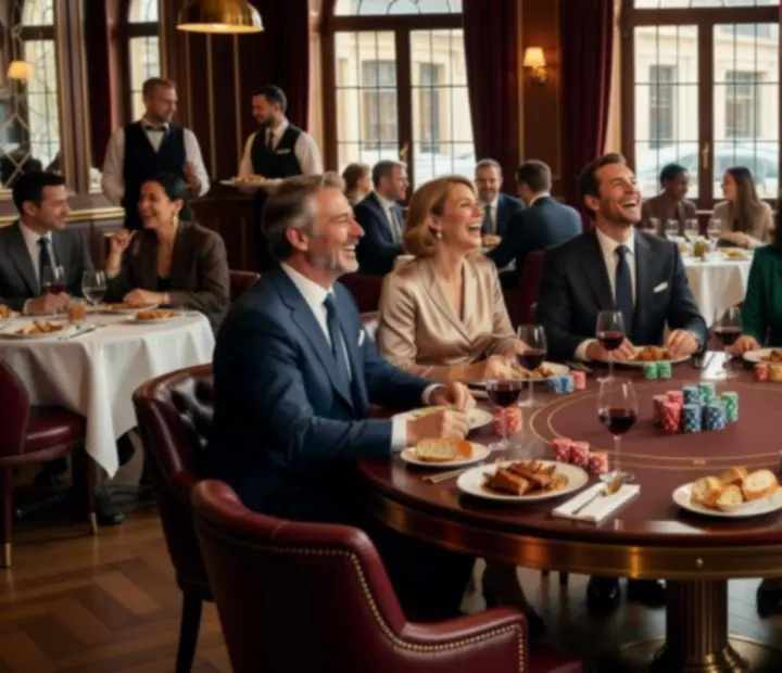 Table de restaurant élégante avec jetons de poker, cartes et assiettes gastronomiques