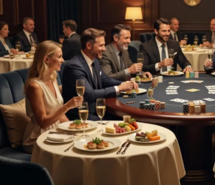 Table de restaurant élégante avec jetons de poker, cartes et plats gastronomiques