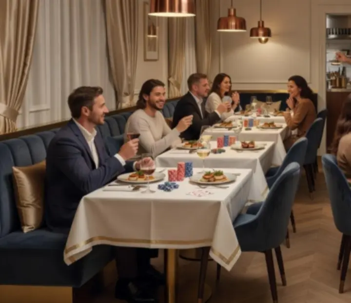 Salle de restaurant élégante avec tables de poker et plats gastronomiques