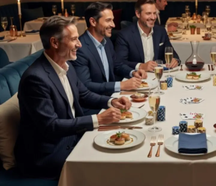 Table de restaurant élégante avec jetons de poker, cartes et assiettes gastronomiques