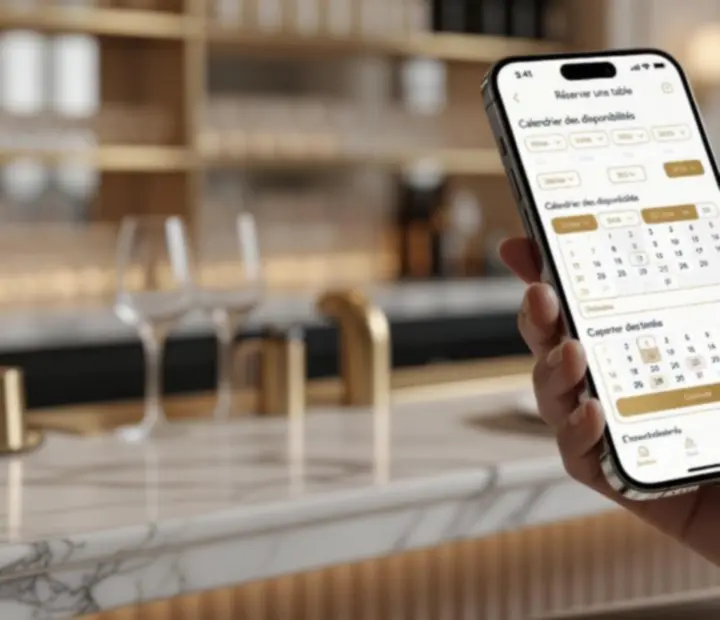 Interface mobile affichant un calendrier de réservation pour une soirée poker et dîner au restaurant