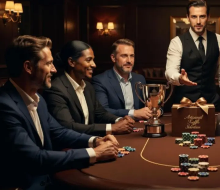 Table finale de poker dans un restaurant chic avec remise de coffrets gourmands et trophées